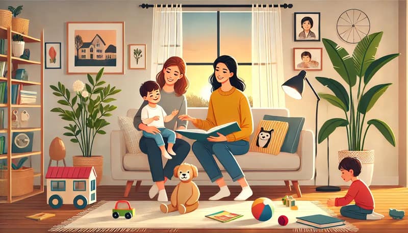 Moment familial avec un couple de femmes et leurs enfants dans un salon moderne