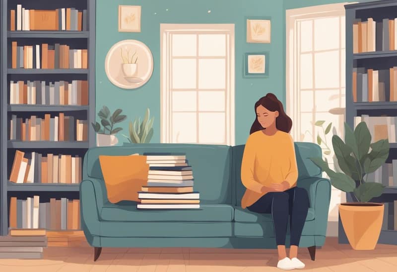 Une femme est assise seule dans une pièce confortable, entourée de livres et de ressources de soutien sur la fertilité et la reproduction assistée.