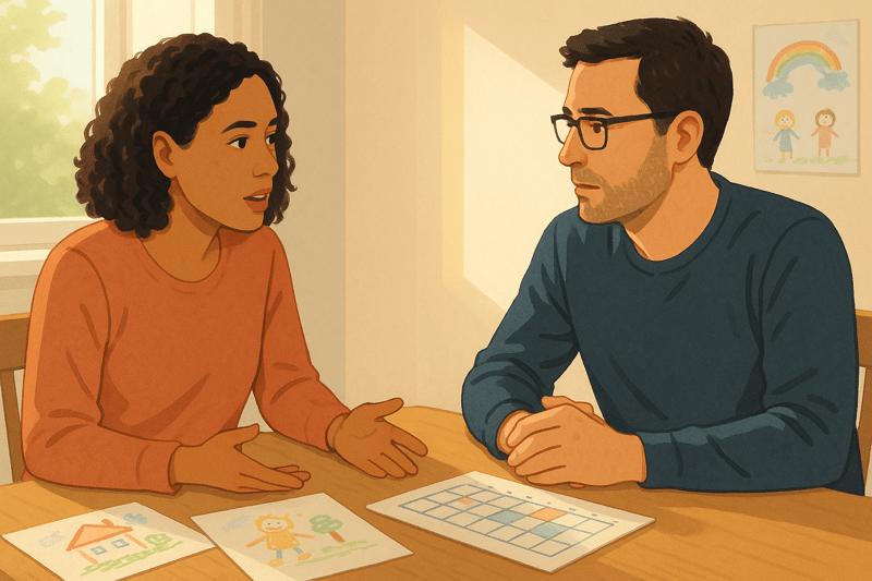 Deux adultes assis à une table, discutant calmement dans une pièce lumineuse, avec des dessins d'enfant et un calendrier familial sur la table