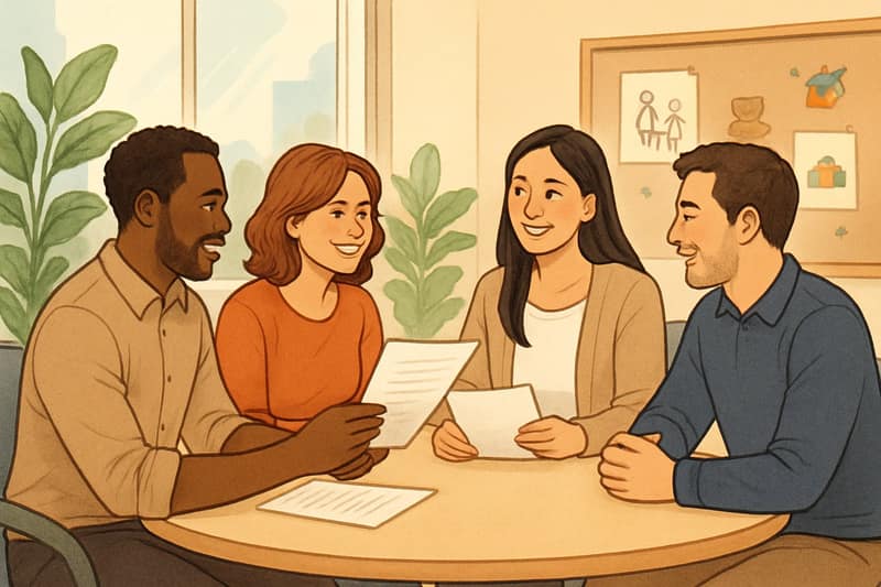 Un groupe d'adultes de différentes origines discutant ensemble autour d'une table dans une pièce lumineuse, partageant des documents et souriant, symbolisant la coparentalité.