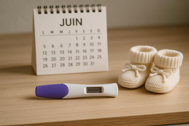Un test de grossesse positif à côté d'un calendrier marquant la période manquée