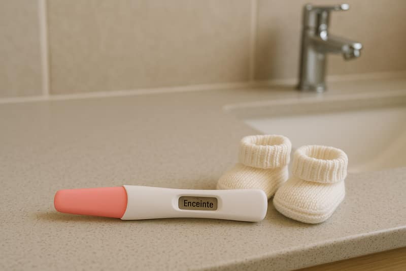 Test de grossesse positif illustrant les symptômes grossesse, posé sur un comptoir de salle de bain entouré d'une petite paire de chaussons pour bébé