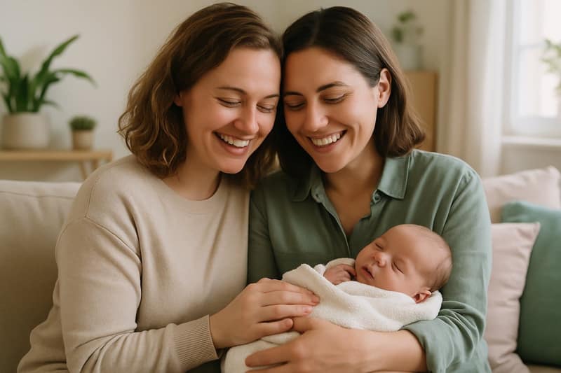 Couple de femmes avec leur nouveau-né grâce à la PMA
