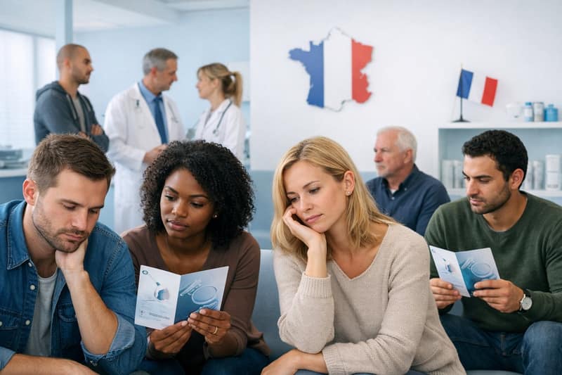 Salle d'attente d'une clinique de fertilité en France avec des adultes divers semblant préoccupés, des professionnels médicaux en arrière-plan et des éléments discrets rappelant la France