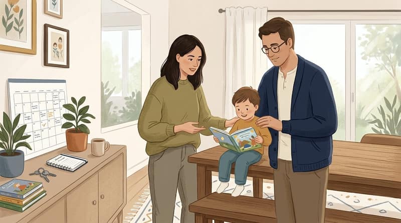 coparentalité ou PMA illustrée par une famille organisée autour d’un enfant à la maison