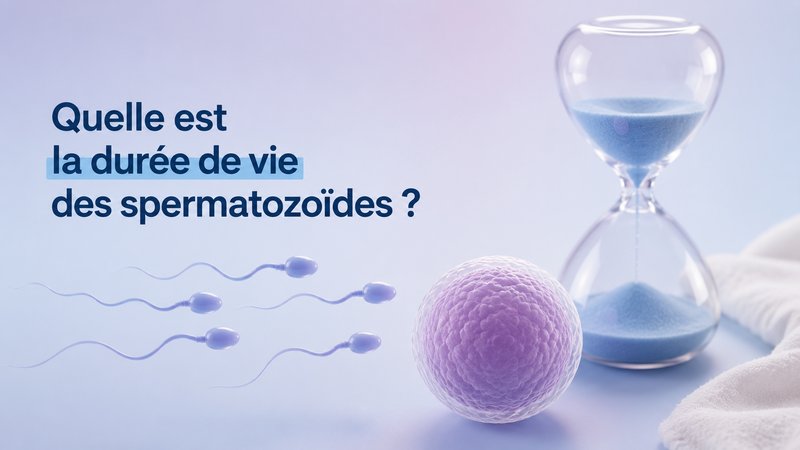 Spermatozoïdes, ovule et sablier illustrant la durée de vie des spermatozoïdes