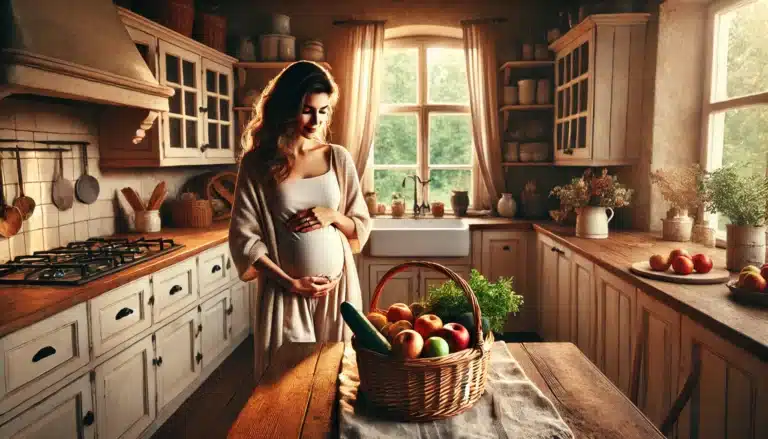 Une scène photographique chaleureuse et invitante d'une femme enceinte debout dans une cuisine confortable et rustique.