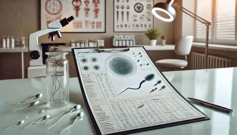image d'un spermogramme, montrant un rapport médical avec les résultats détaillés d'une analyse de sperme. Le rapport est placé sur un bureau propre dans une clinique moderne