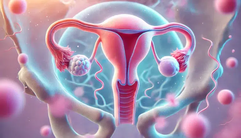 illustration médicale représentant l'ovulation. L'image montre un ovaire libérant un ovule dans la trompe de Fallope de manière claire et simple