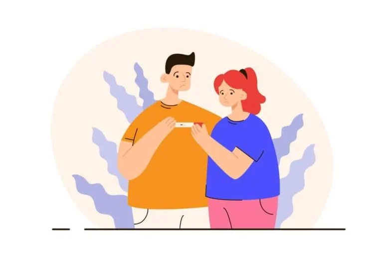 Couple triste tenant test de grossesse négatif illustrant déception après échec de conception possiblement lié à infection vaginale