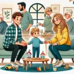 Une illustration en français représentant la coparentalité, mettant en scène un couple de femmes et un couple d'hommes. Ils partagent ensemble la parentalité