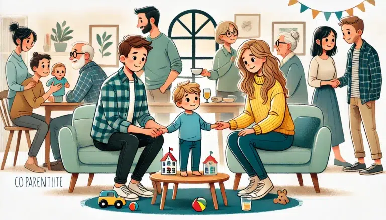 Une illustration en français représentant la coparentalité, mettant en scène un couple de femmes et un couple d'hommes. Ils partagent ensemble la parentalité