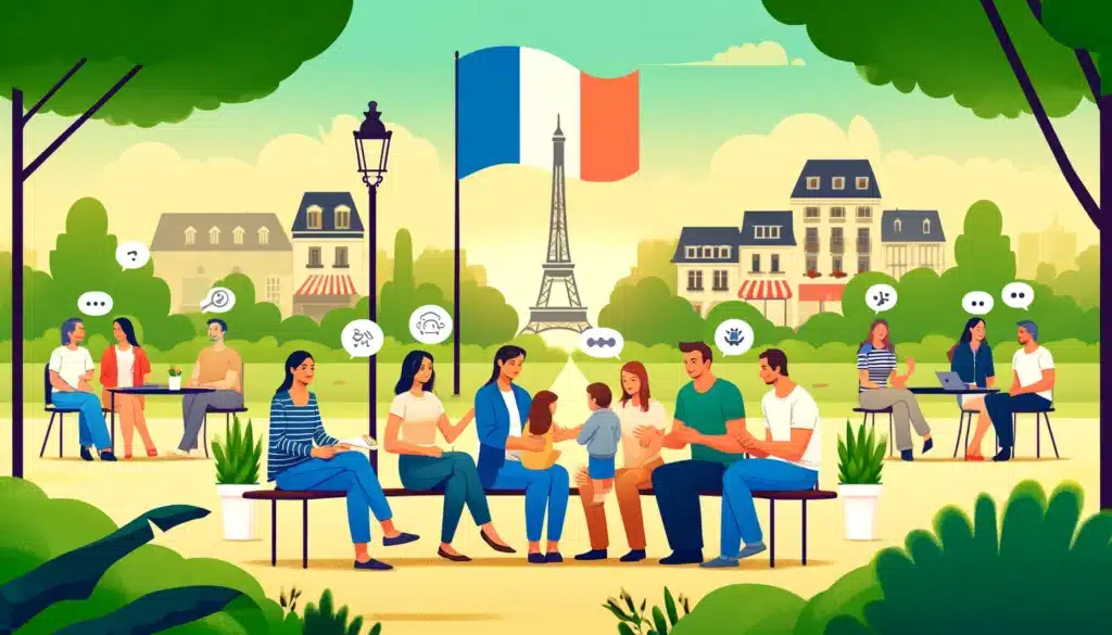 Une illustration pour un forum de coparentalité en France. La scène met en scène un groupe diversifié de personnes, notamment des parents célibataires et des couples coparentaux