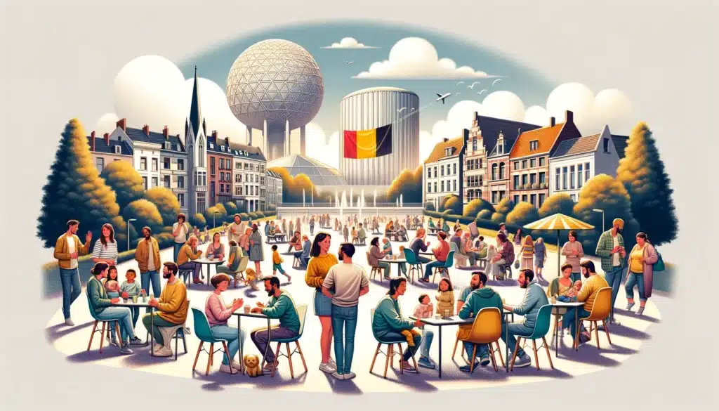 Une illustration représentant la coparentalité en Belgique. La scène montre un groupe diversifié de personnes, y compris des parents célibataires