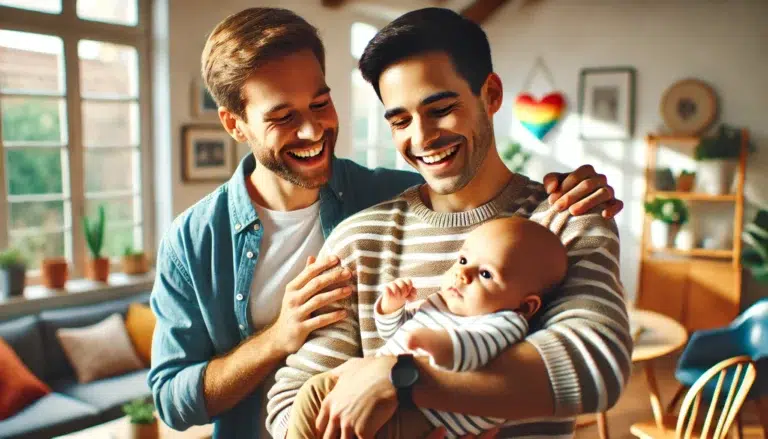 image d'un couple homosexuel masculin adoptant un enfant. Le couple est représenté souriant et tenant leur nouvel enfant dans ses bras dans un environnement familial chaleureux et accueillant
