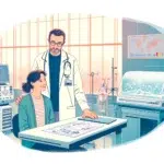 Une illustration en français représentant une jeune femme dans une clinique de FIV en Belgique. La scène montre une jeune femme dans un cadre médical