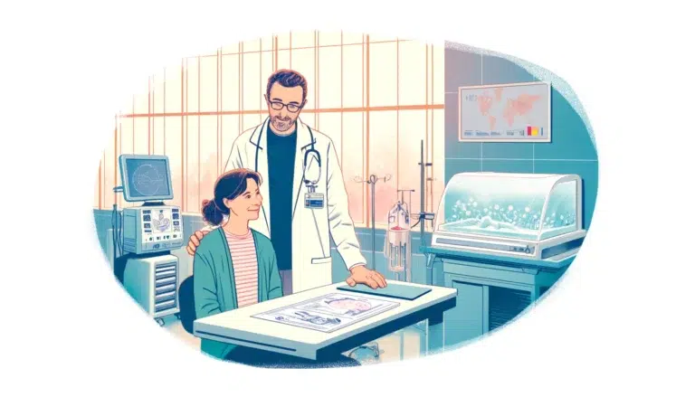 Une illustration en français représentant une jeune femme dans une clinique de FIV en Belgique. La scène montre une jeune femme dans un cadre médical