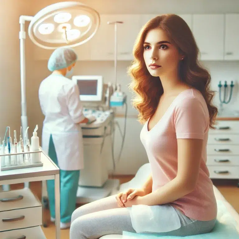 Une image d'une femme subissant une insémination artificielle dans un cadre médical. Elle est assise sur une table d'examen, avec un regard d'anticipation et de surprise