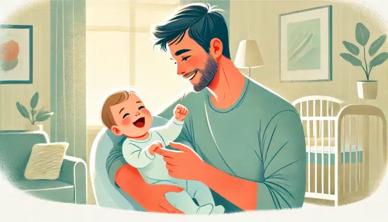 illustration d'un père célibataire avec un bébé. Le père interagit joyeusement avec le bébé dans un environnement chaleureux et nourrissant