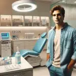 image d'un jeune homme se préparant à donner son sperme dans un CECOS (centre de don de sperme). L'homme apparaît calme et confiant, habillé de façon décontractée