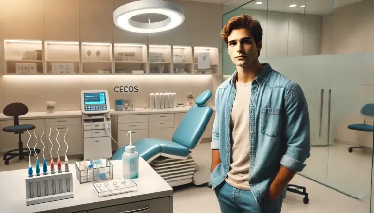 image d'un jeune homme se préparant à donner son sperme dans un CECOS (centre de don de sperme). L'homme apparaît calme et confiant, habillé de façon décontractée