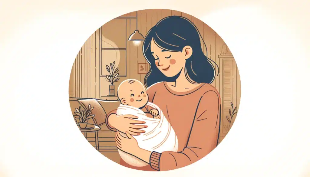 Illustration d'une mère tenant son bébé dans ses bras. La maman sourit et regarde son bébé avec amour.