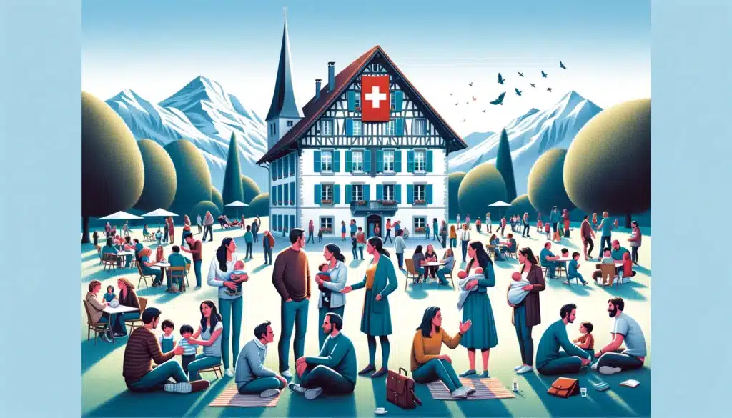 Une illustration représentant la coparentalité en Suisse. La scène montre un groupe diversifié de personnes, y compris des parents célibataires