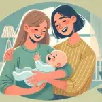 illustration d'un couple de lesbiennes avec un bébé. Le couple tient joyeusement ou interagit avec leur bébé dans une ambiance chaleureuse