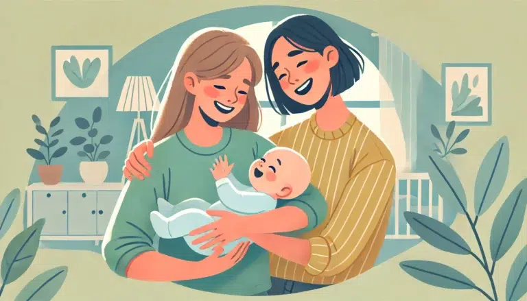 illustration d'un couple de lesbiennes avec un bébé. Le couple tient joyeusement ou interagit avec leur bébé dans une ambiance chaleureuse
