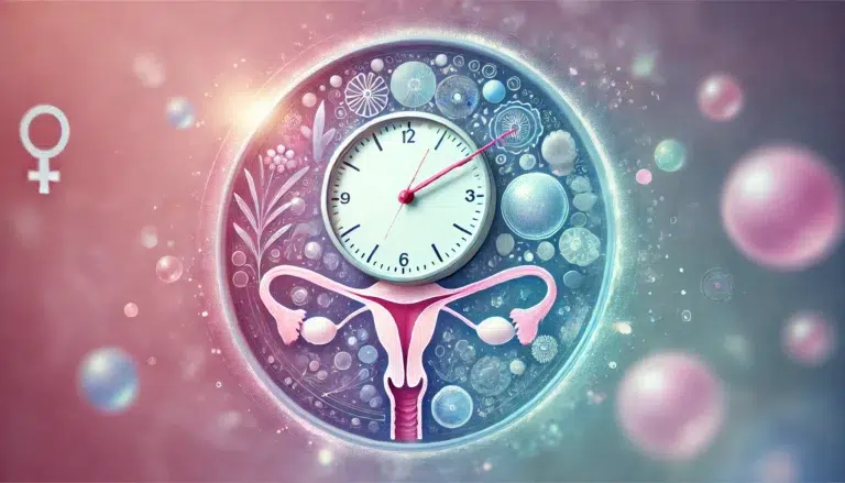 illustration représentant l'horloge biologique d'une femme, symbolisant la fertilité et le temps. L'image montre un mélange d'une horloge et d'un utérus