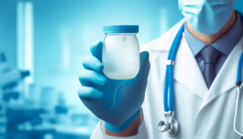 la main d'un médecin dans un gant médical jetable bleu tenant un pot d'analyse de sperme sur un fond médical bleu