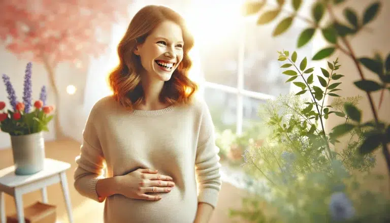 Une image joyeuse d'une femme enceinte souriante dans un cadre naturel ou familial. La femme rayonne de bonheur et de douceur