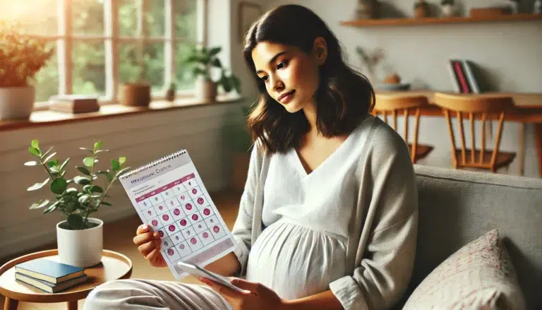 Femme enceinte consultant un calendrier menstruel pour comprendre si on peut tomber enceinte pendant les règles