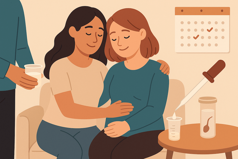 Couple de femmes se préparant à une insémination artisanale à domicile avec l’aide d’une pipette, symbolisant un parcours de parentalité partagé