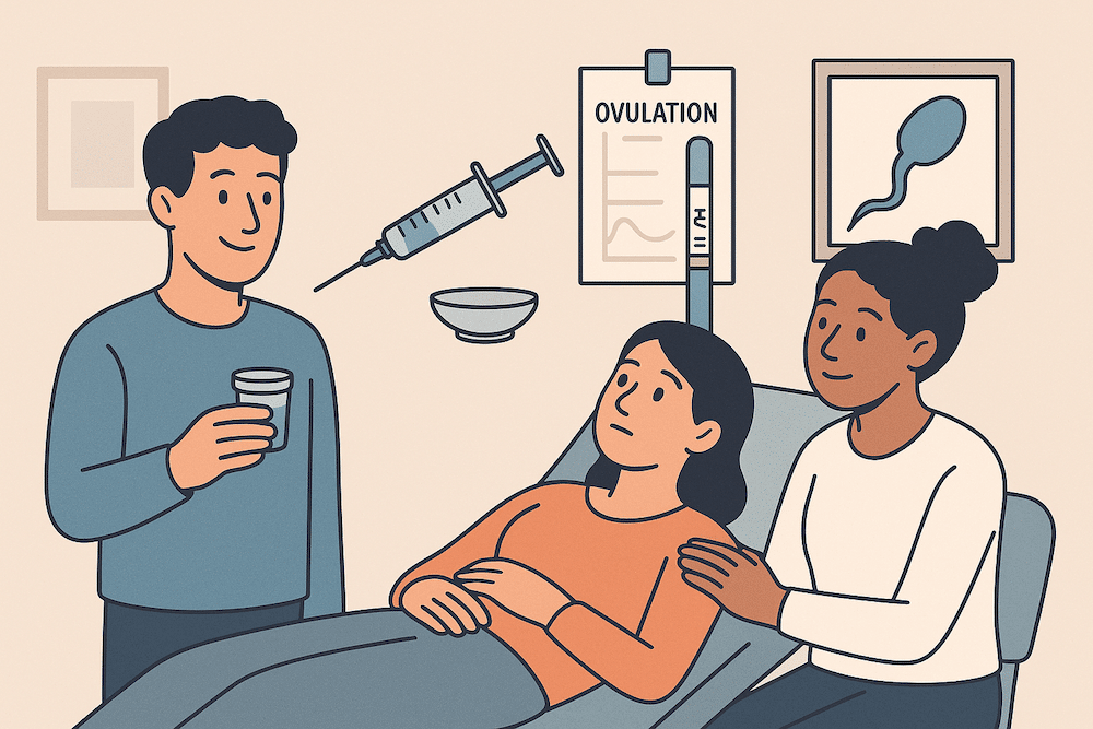 Illustration d’une insémination artisanale à domicile, montrant le rôle du donneur et l’accompagnement du couple receveur