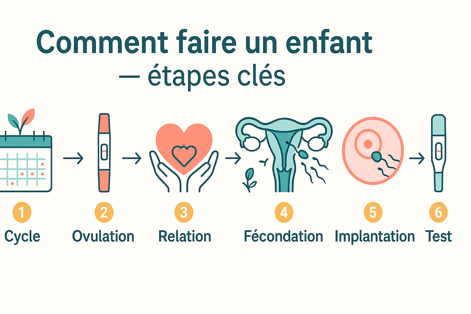 Conception du cycle, ovulation et relation à la fécondation, implantation puis test