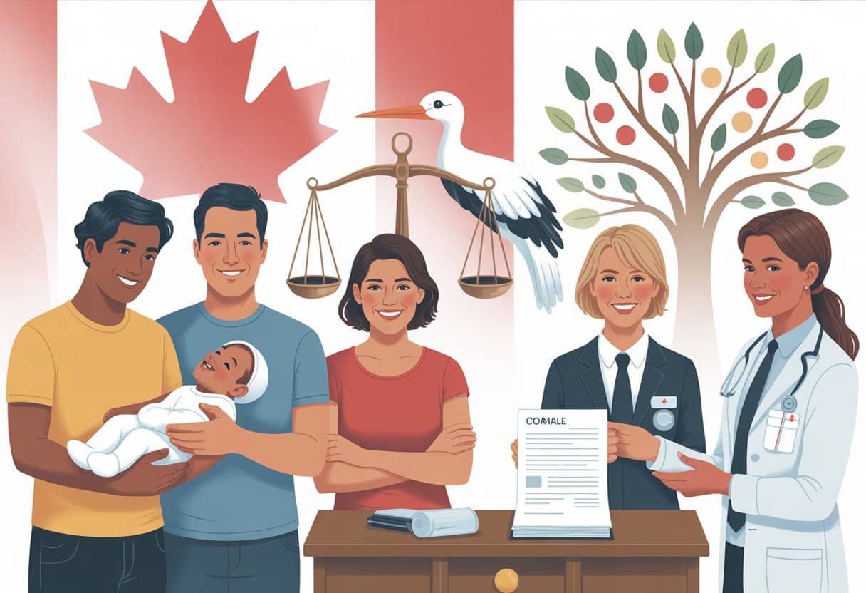 Illustration de la gestation pour autrui (GPA) au Canada parents, bébé, médecins et cadre légal