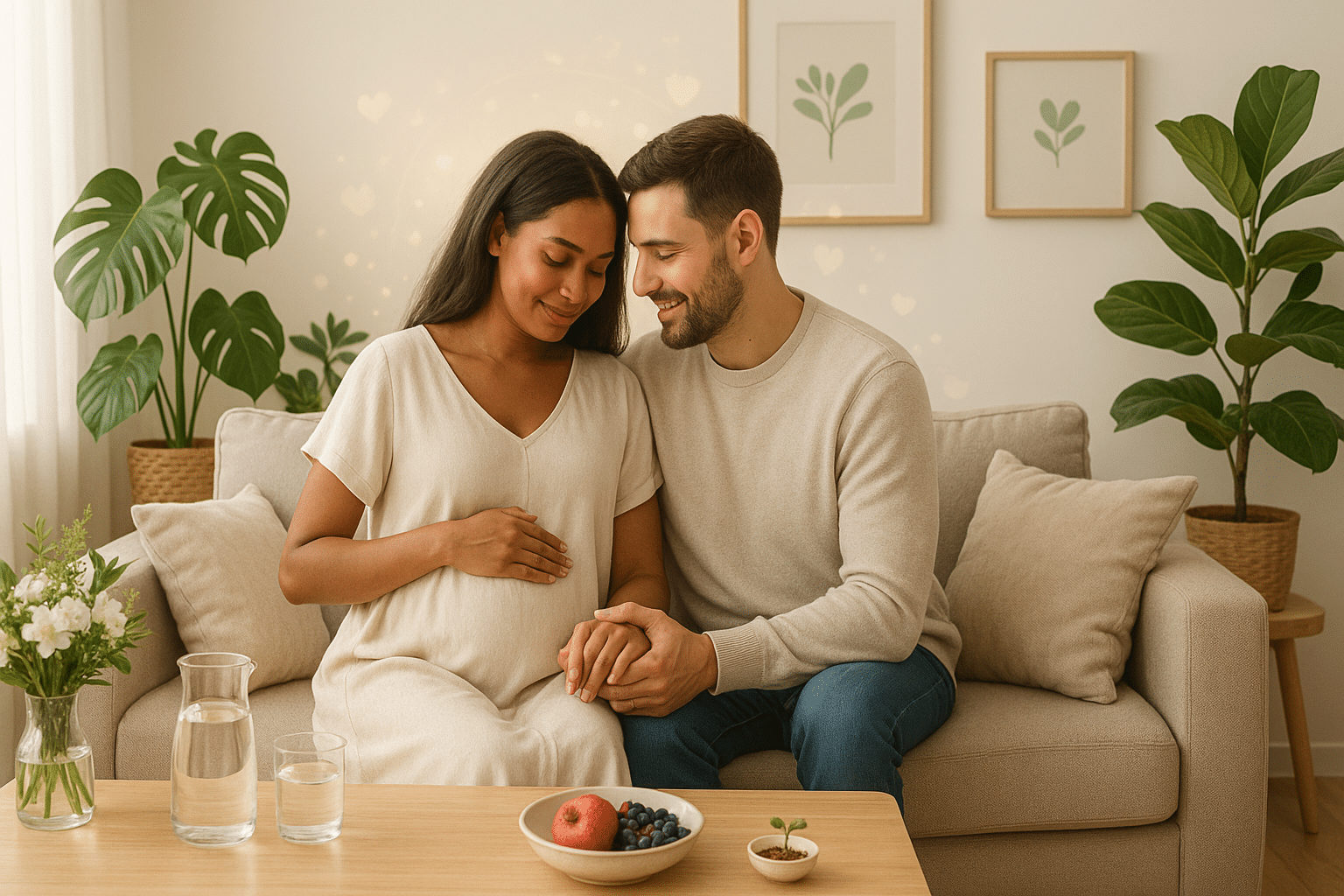Un couple serein dans une pièce lumineuse, la femme touche doucement son ventre tandis que l'homme tient sa main, entourés d'éléments symbolisant la santé et la fertilité