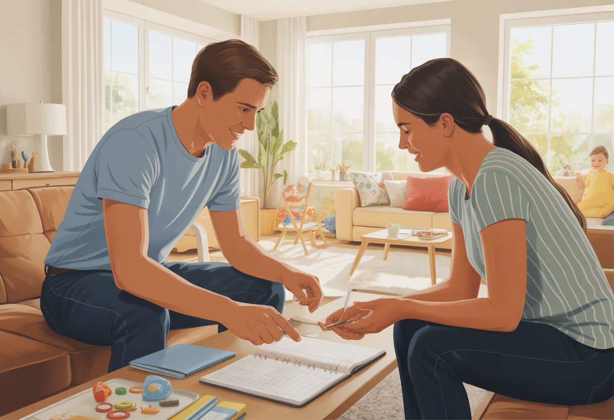 Deux adultes organisant ensemble les responsabilités parentales dans un salon lumineux, montrant une collaboration harmonieuse sans lien amoureux