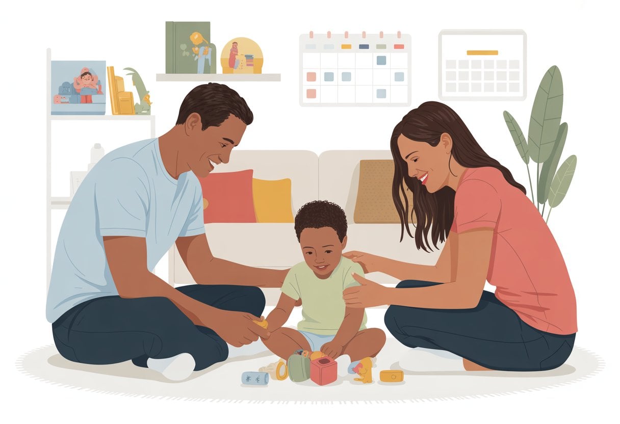Deux adultes s'occupant ensemble d'un enfant dans un salon, montrant une collaboration parentale sans relation amoureuse