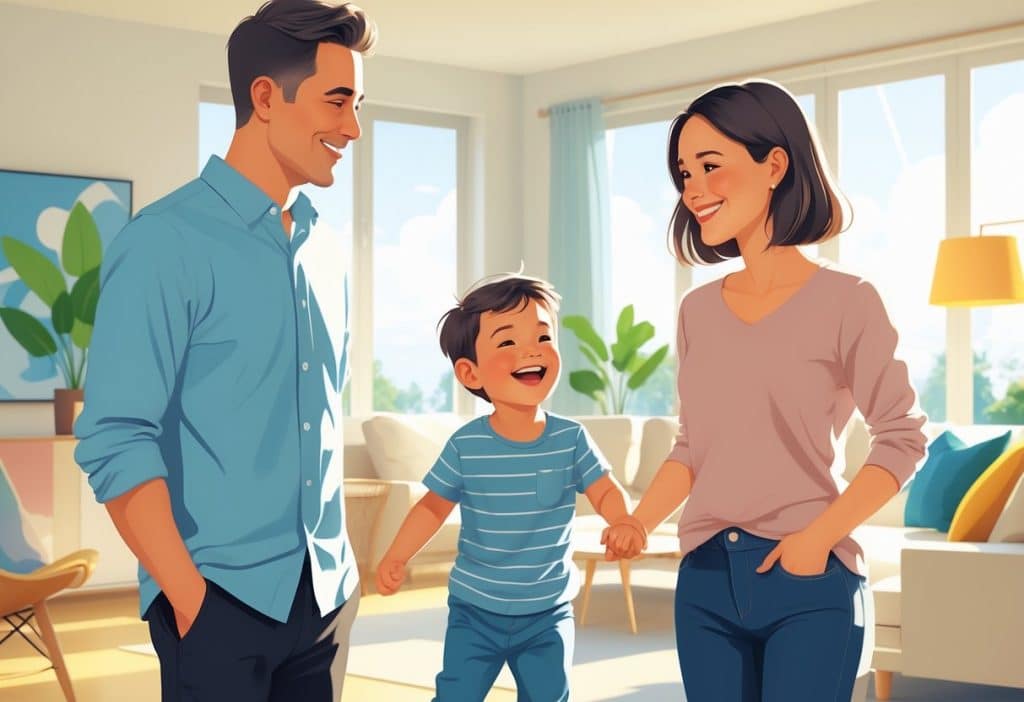 Deux adultes souriants regardent un enfant jouer joyeusement entre eux dans un salon lumineux, symbolisant la coparentalité sans relation amoureuse