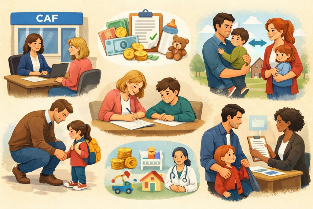 Guide illustré des aides CAF pour familles en coparentalité démarches administratives, allocations familiales, médiation et organisation de la garde partagée