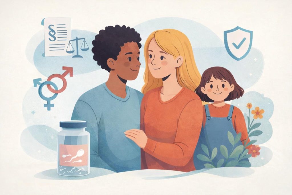 Illustration d'un couple diversifié avec leur enfant entourés de symboles de co-parentalité, documents légaux avec balance de justice, symboles de genre, flacon de sperme pour insémination