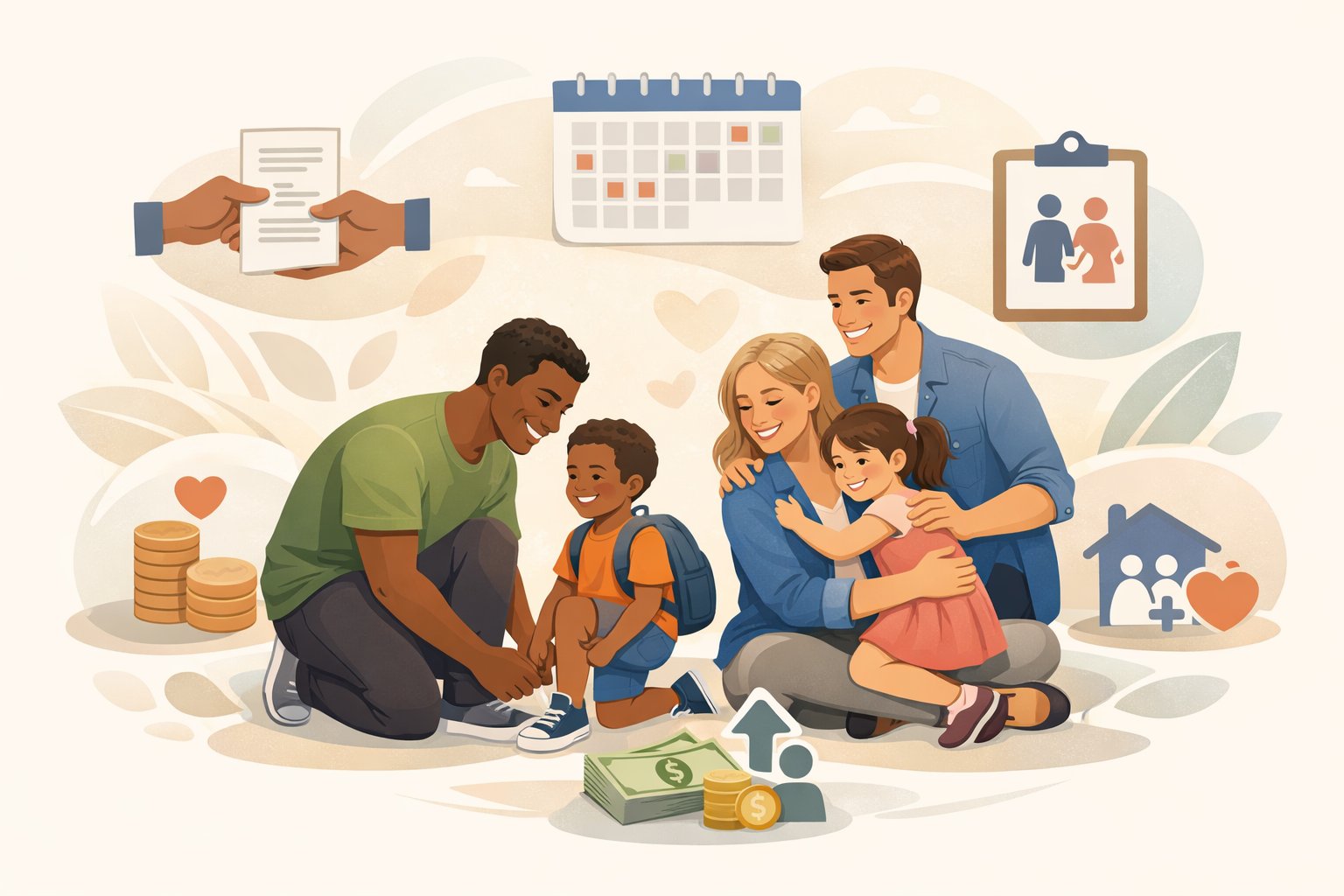 Une famille avec deux adultes et des enfants partageant des responsabilités parentales, entourée d'icônes représentant des aides sociales et des démarches administratives