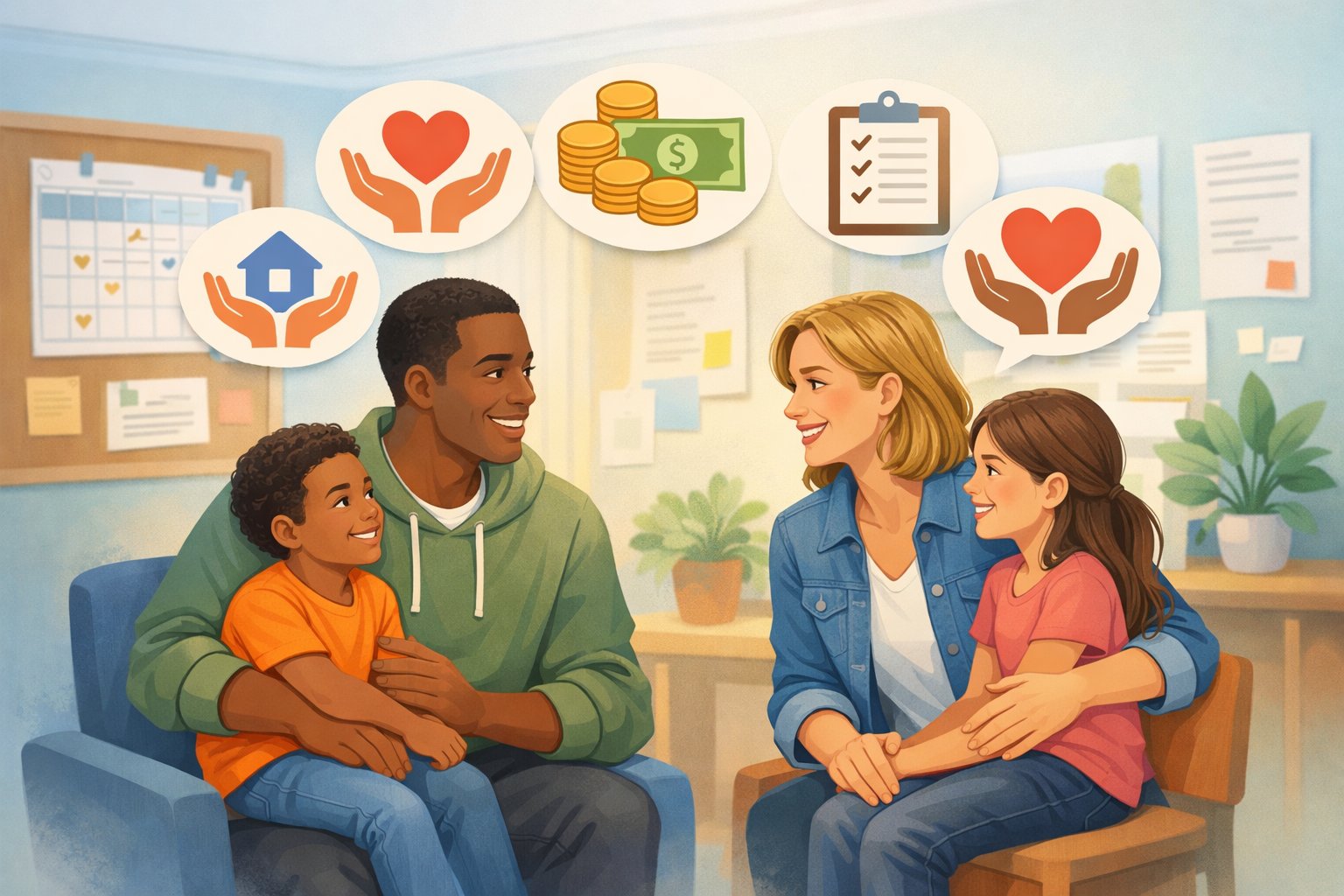 Une illustration montrant deux adultes avec leurs enfants dans un centre d’aide, entourés de symboles d’aide sociale et de documents administratifs